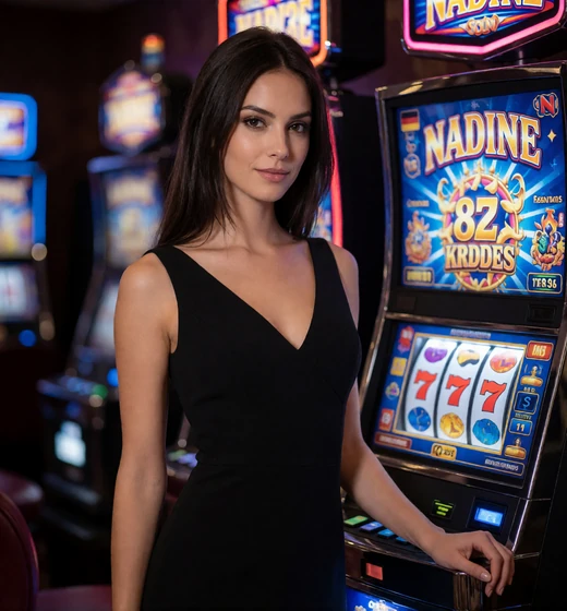 Frau im schwarzen Cocktailkleid am Spielautomaten genie&szlig;t VIP-Reload-Angebote bei 30bet Casino