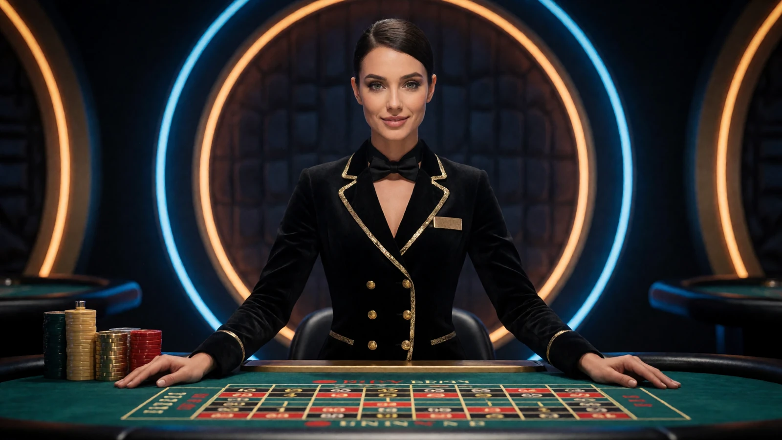 Croupier am leuchtenden Roulette-Tisch im 30bet Live Casino online mit VIP-Cashback-Ambiente