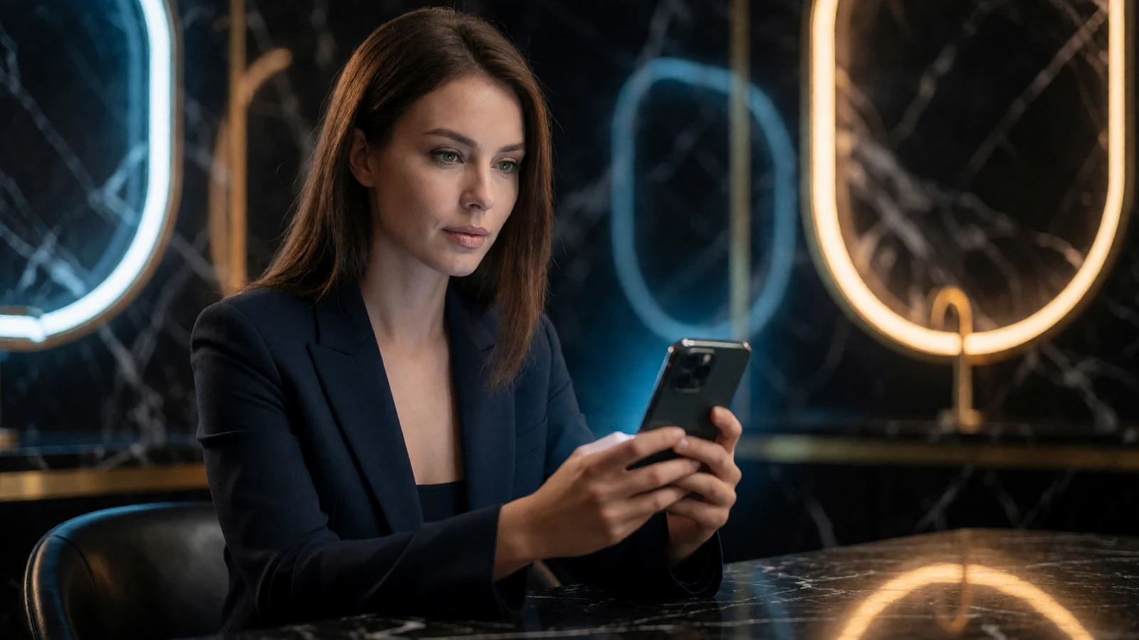 Elegante Frau pr&uuml;ft am Smartphone die Zahlungsmethoden im 30bet Casino mit schneller Auszahlung