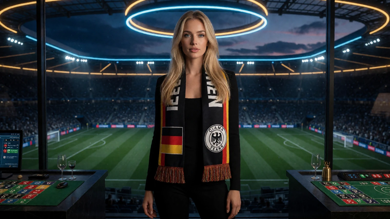 Stilvolle Frau mit Team-Schal in der Stadion-VIP-Loge bei 30bet Sportwetten mit Bonus und Bundesliga-Wetten