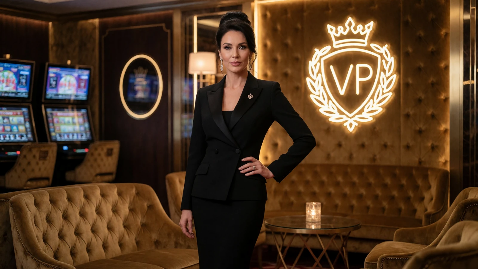 Elegante Frau im schwarzen Designer-Anzug im exklusiven VIP-Salon des 30bet Casino mit goldenem Kronen-Emblem